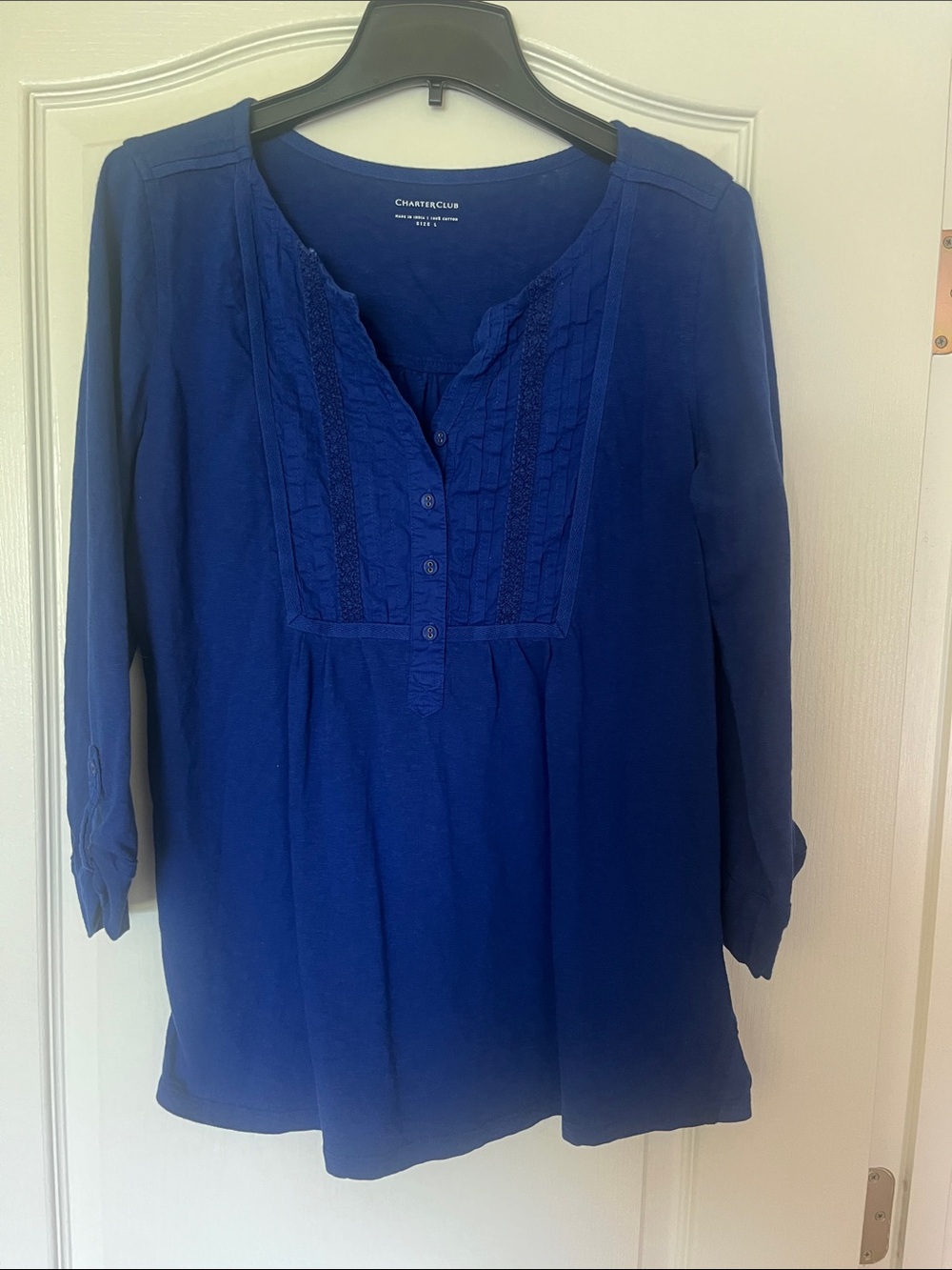 Charter Club Blue Pintuck Lace-Front Peasant Tunic